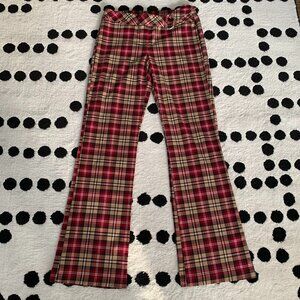 Vintage Y2K Mid Low Rise Flare Pants Trousers Womens S Red Plaid Belted Corpcore